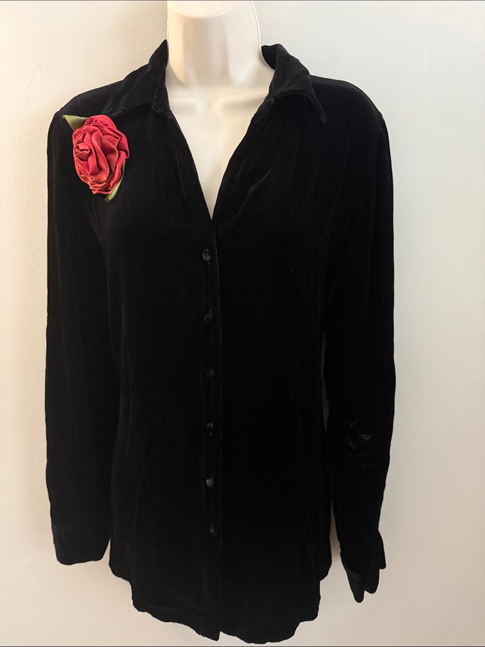 Rafaella Black Velvet Button-Down Shirt with Red Rose Pin